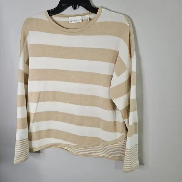 Rafaella Tan Irish Cream Ivory Knit Striped Sweater Pullover Sz M Preppy Coastal - Picture 1 of 10